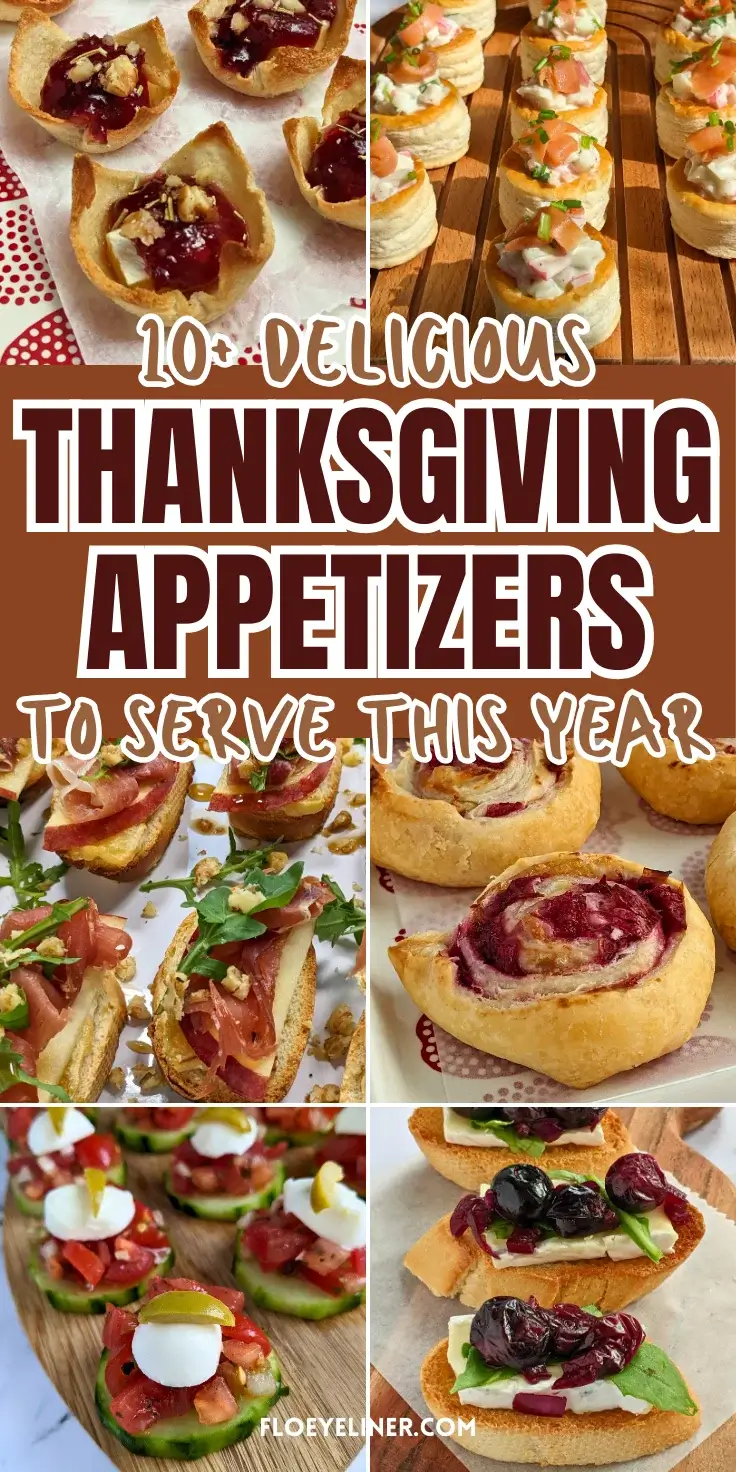 Roundup blog post of best Thanksgiving appetizers featuring recipes like cucumber bites, cranberry brie pinwheels, crostinis, jam and cheese toast cups, and more.