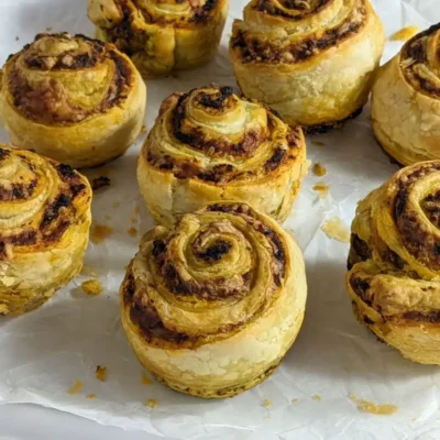 Pesto, Tomato Sauce, and Cheese Puff Pastry Rolls - puff pastry appetizers made with fresh puff pastry, pesto, tomato sauce, and grated cheese, rolled up and baked in a muffin tin.