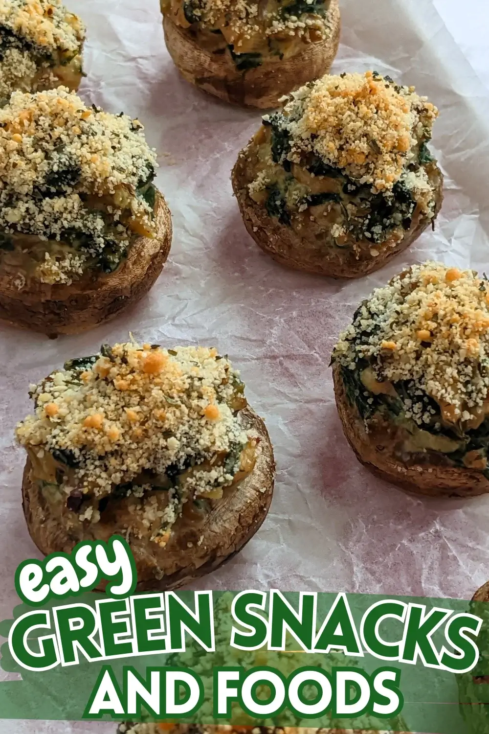 Chicken and Spinach Stuffed Mushrooms - oven-baked white button mushrooms filled with a creamy chicken, spinach, parmesan, and cream cheese filling, topped with dried breadcrumbs.