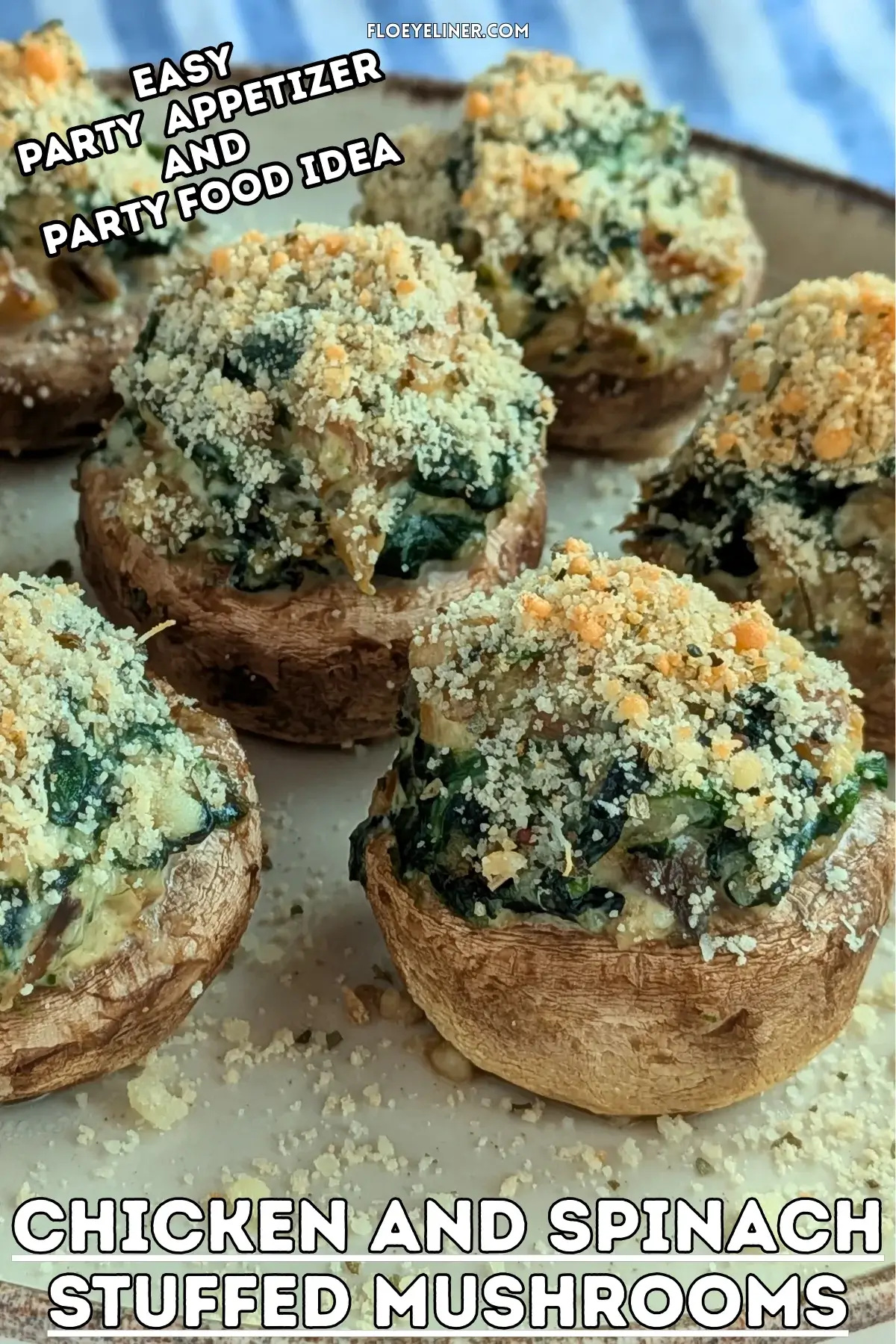 Chicken and Spinach Stuffed Mushrooms - oven-baked white button mushrooms filled with a creamy chicken, spinach, parmesan, and cream cheese filling, topped with dried breadcrumbs.