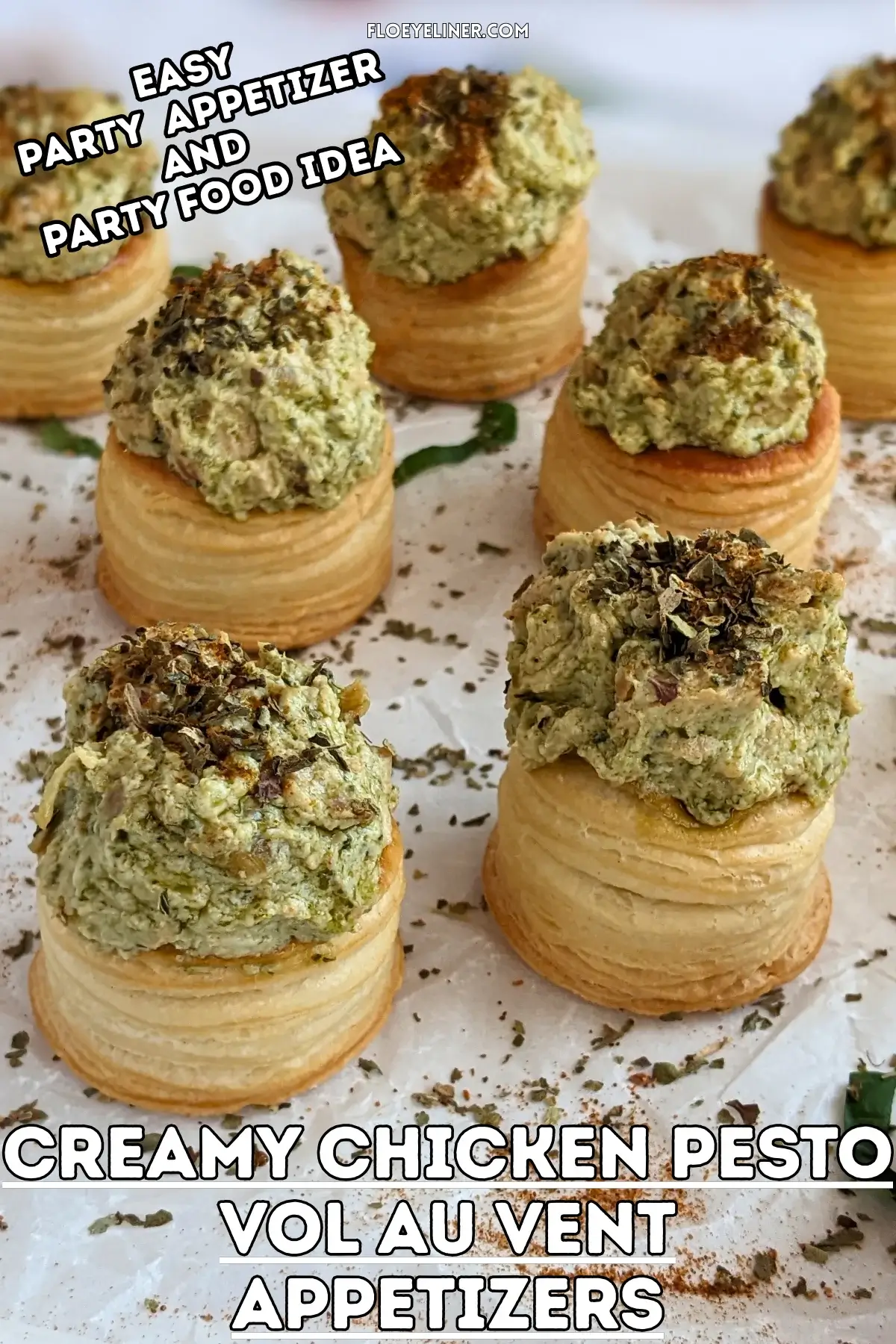 Creamy Chicken Pesto Vol Au Vent Appetizers - mini puff pastry shells appetizers filled with a green, creamy ricotta, basil pesto, and chicken filling.