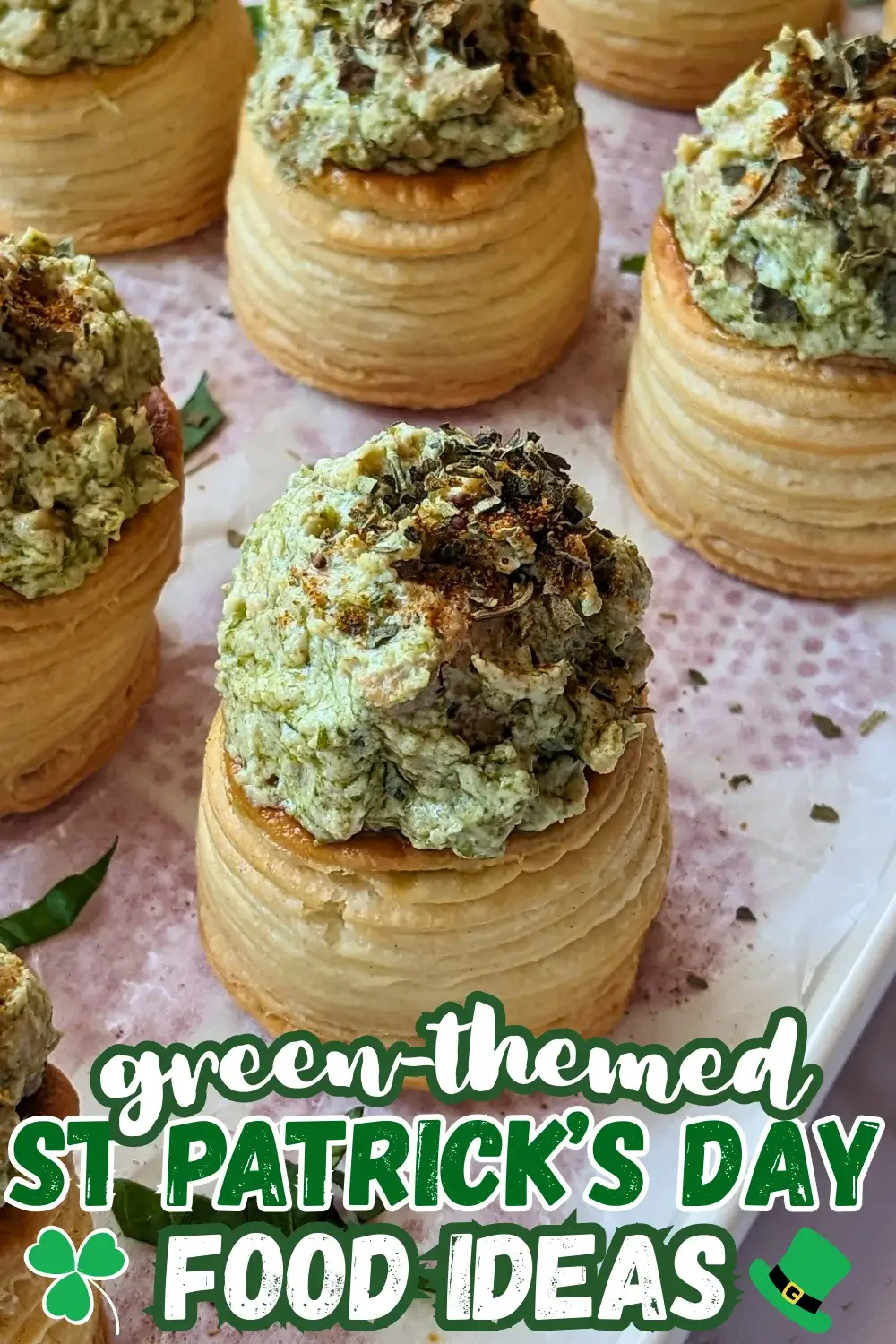 Creamy Chicken Pesto Vol Au Vent Appetizers - mini puff pastry shells appetizers filled with a green, creamy ricotta, basil pesto, and chicken filling.