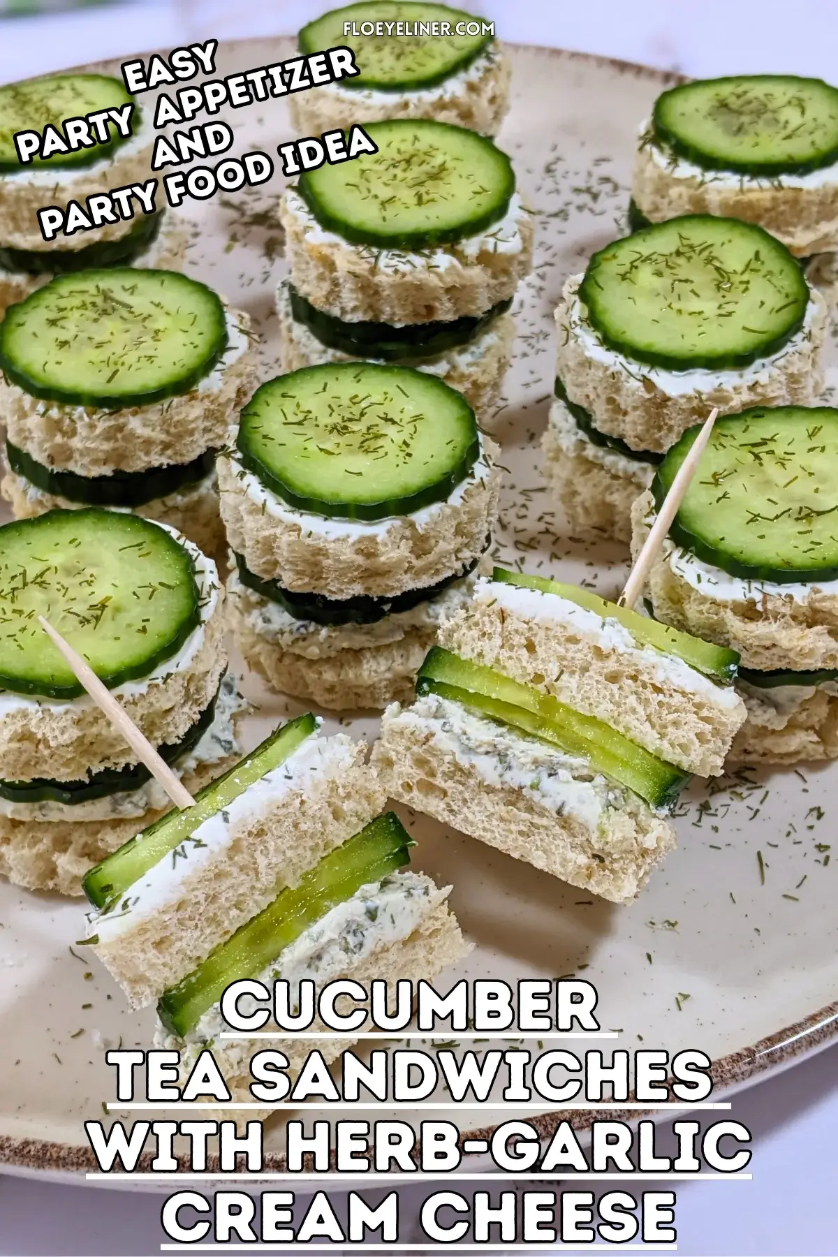 Cucumber Tea Sandwiches With Herb and Garlic Cream Cheese - round double-layered mini sandwiches filled with a homemade herb, garlic,and parmesan cream cheese mix and a layer of fresh cucumbers.