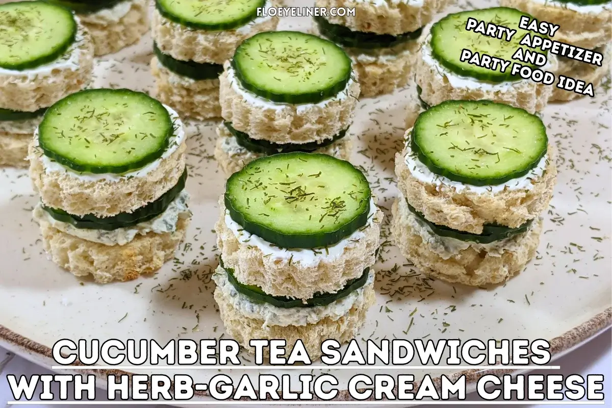 Cucumber Tea Sandwiches With Herb and Garlic Cream Cheese - round double-layered mini sandwiches filled with a homemade herb, garlic,and parmesan cream cheese mix and a layer of fresh cucumbers.
