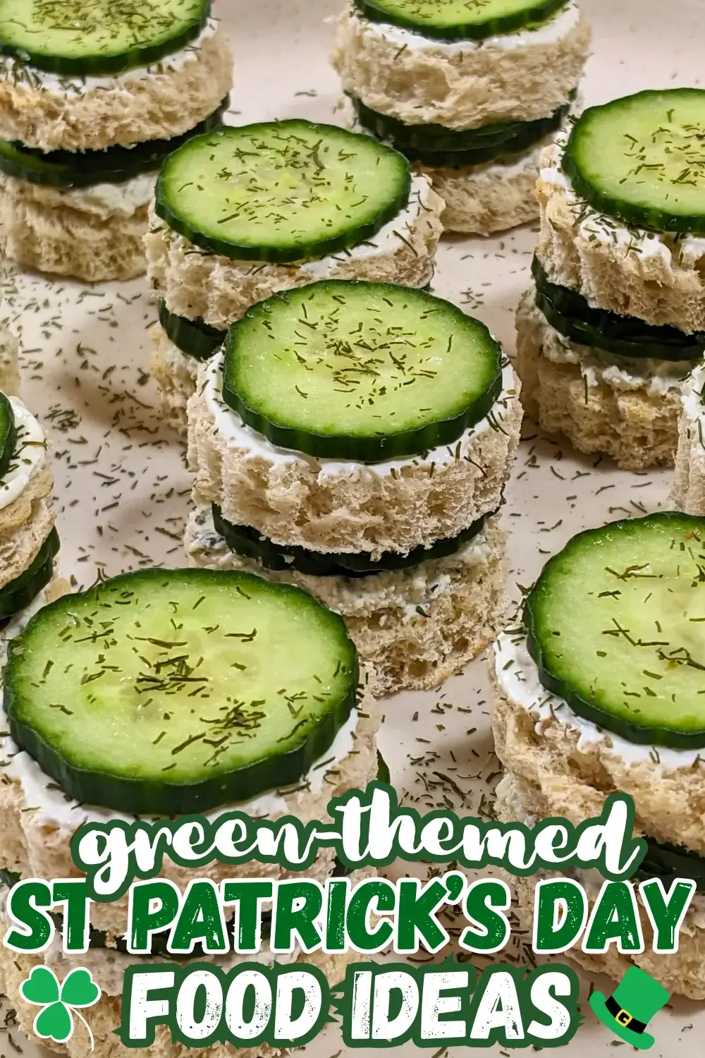 Cucumber Tea Sandwiches With Herb and Garlic Cream Cheese - round double-layered mini sandwiches filled with a homemade herb, garlic,and parmesan cream cheese mix and a layer of fresh cucumbers.