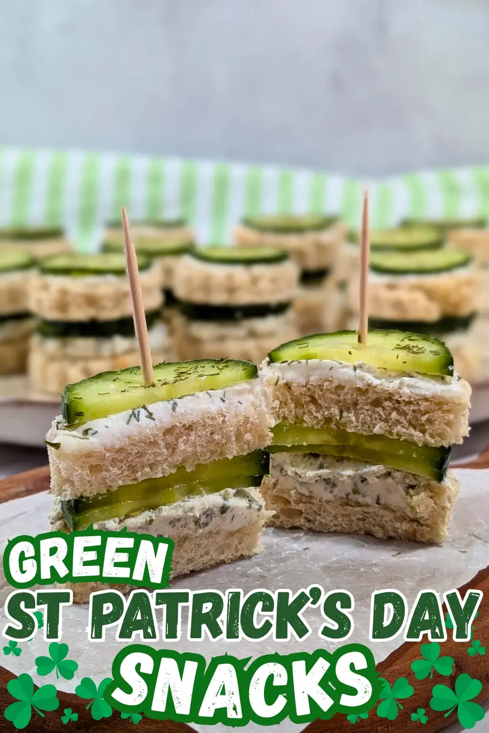 Cucumber Tea Sandwiches With Herb and Garlic Cream Cheese - round double-layered mini sandwiches filled with a homemade herb, garlic,and parmesan cream cheese mix and a layer of fresh cucumbers.