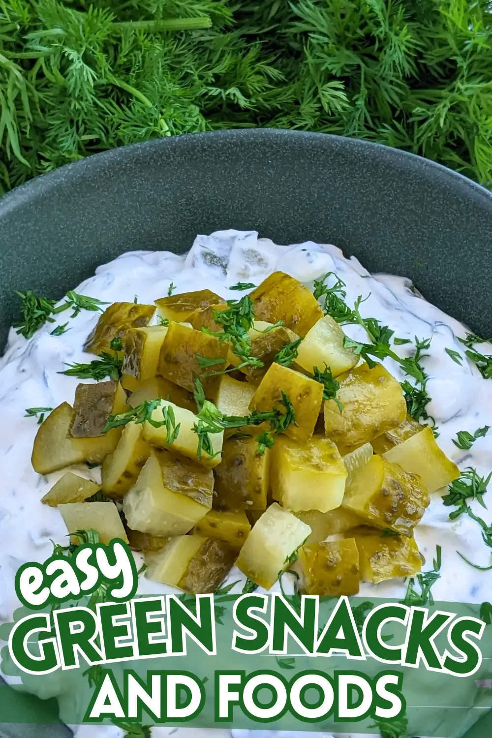 Dill Pickle Dip - creamy party dip made with sour cream, cream cheese, chopped dill pickles, fresh dill, and crushed garlic.