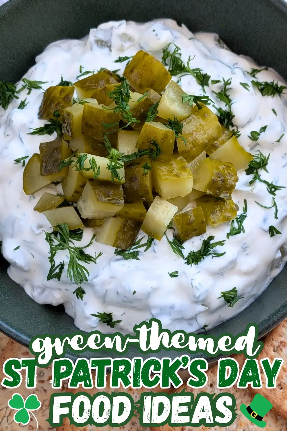 Dill Pickle Dip - creamy party dip made with sour cream, cream cheese, chopped dill pickles, fresh dill, and crushed garlic.