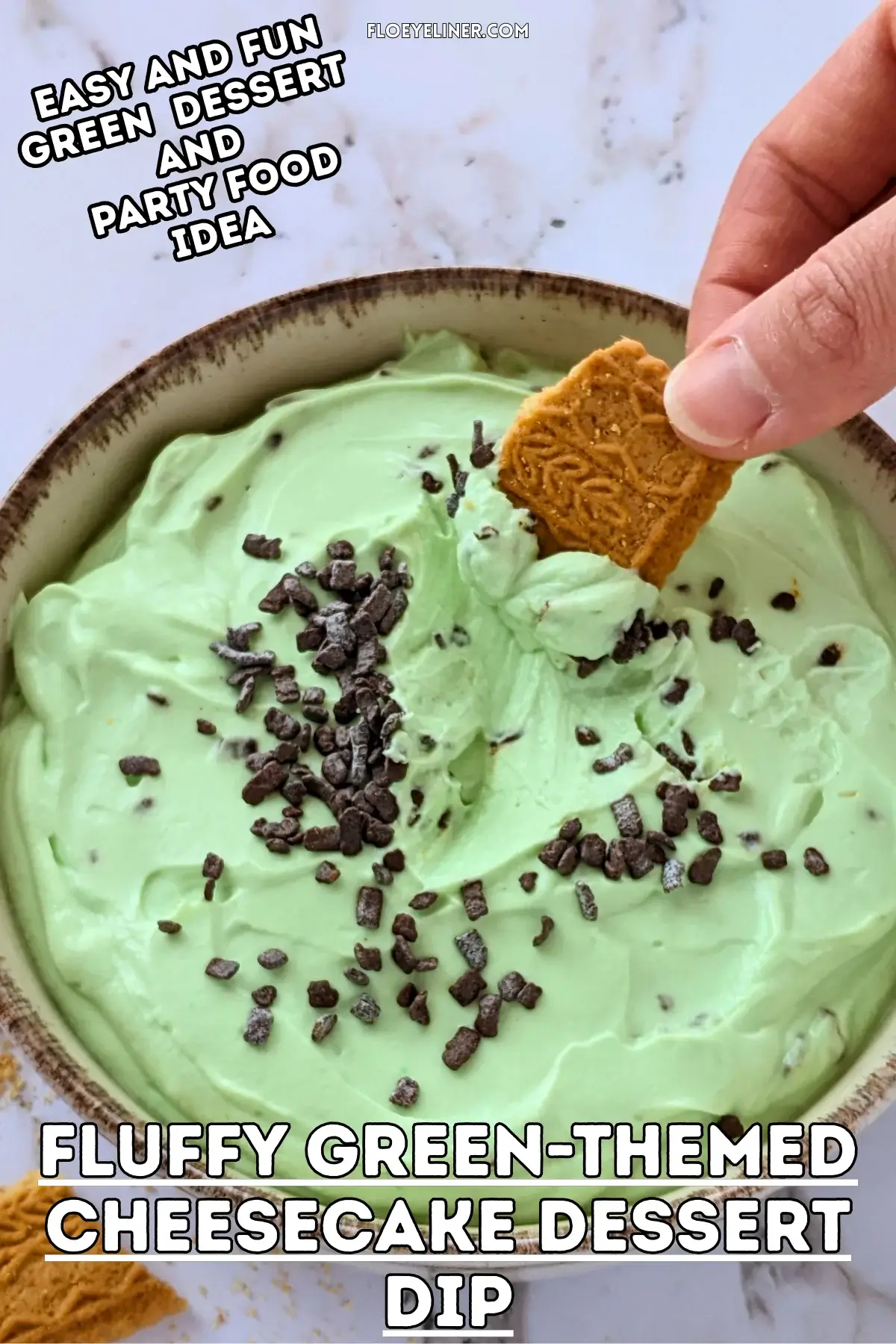 Fluffy Green-Themed Cheesecake Dessert Dip - fluffy cheesecake dip dessert made with cream cheese, heavy whipping cream, Greek yogurt, a few drops of green food coloring, and dark chocolate chips.