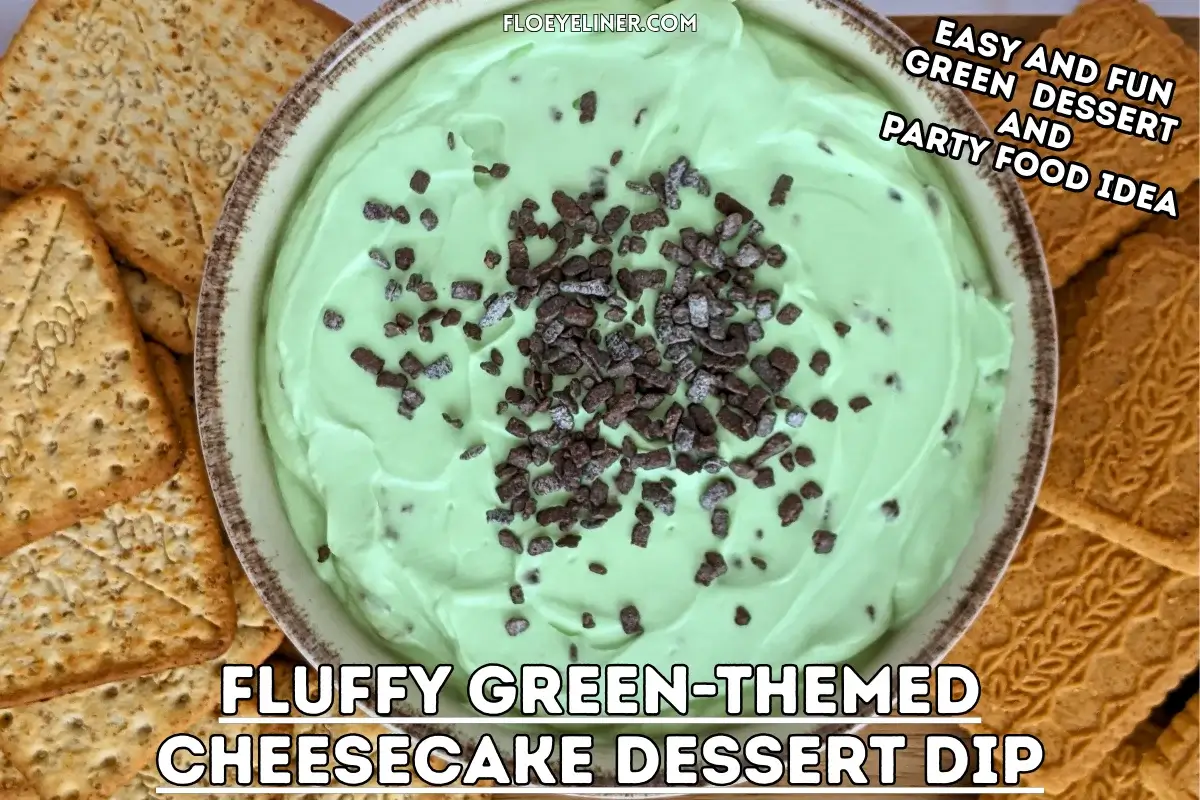Fluffy Green-Themed Cheesecake Dessert Dip - fluffy cheesecake dip dessert made with cream cheese, heavy whipping cream, Greek yogurt, a few drops of green food coloring, and dark chocolate chips.