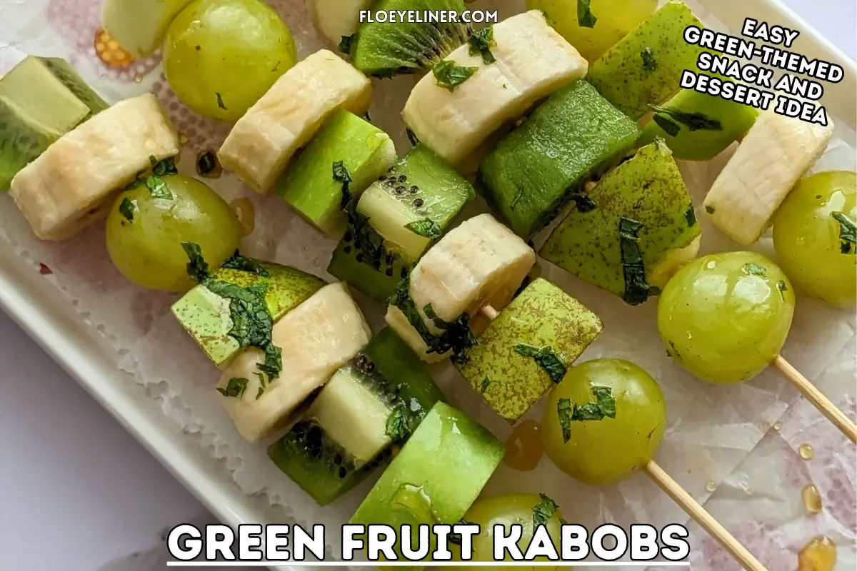 Green Fruit Kabobs - fruit skewers made with chunks of green fruits like kiwi, grapes, green apple, and green pear, plus chunks of bananas, drizzled with a fresh mint, lime juice, and maple sryup sauce.