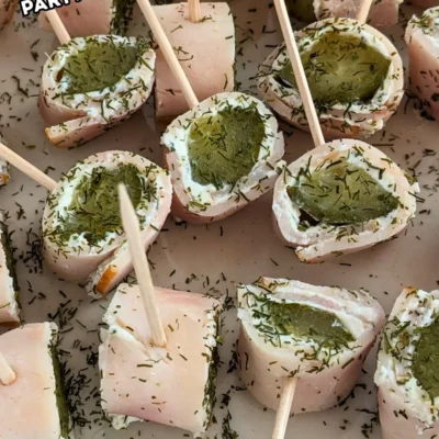 Ham Pickle Roll Ups With Garlic Cream Cheese - mini appetizer bites made with sliced breakfast ham, garlic cream cheese, and dill pickles.