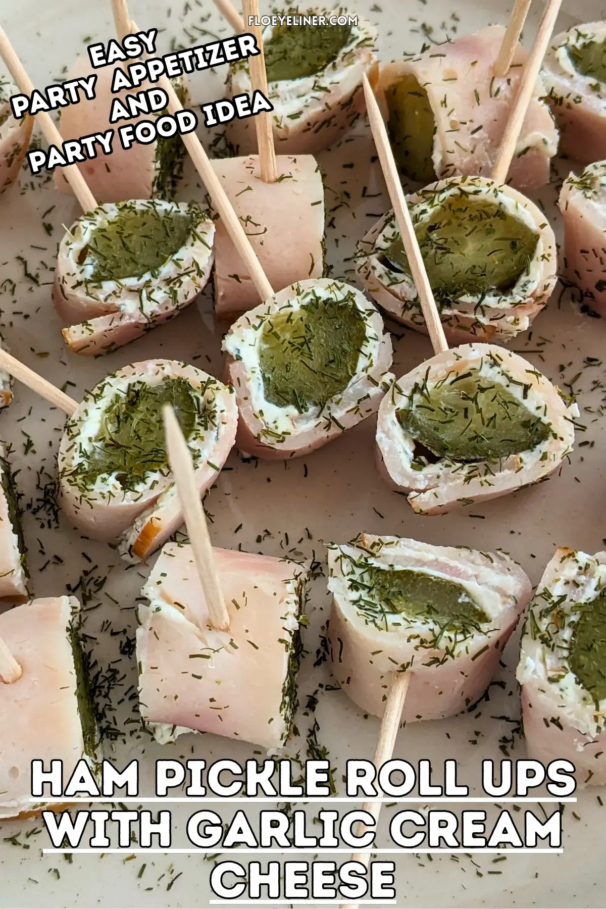 Ham Pickle Roll Ups With Garlic Cream Cheese - mini appetizer bites made with sliced breakfast ham, garlic cream cheese, and dill pickles.