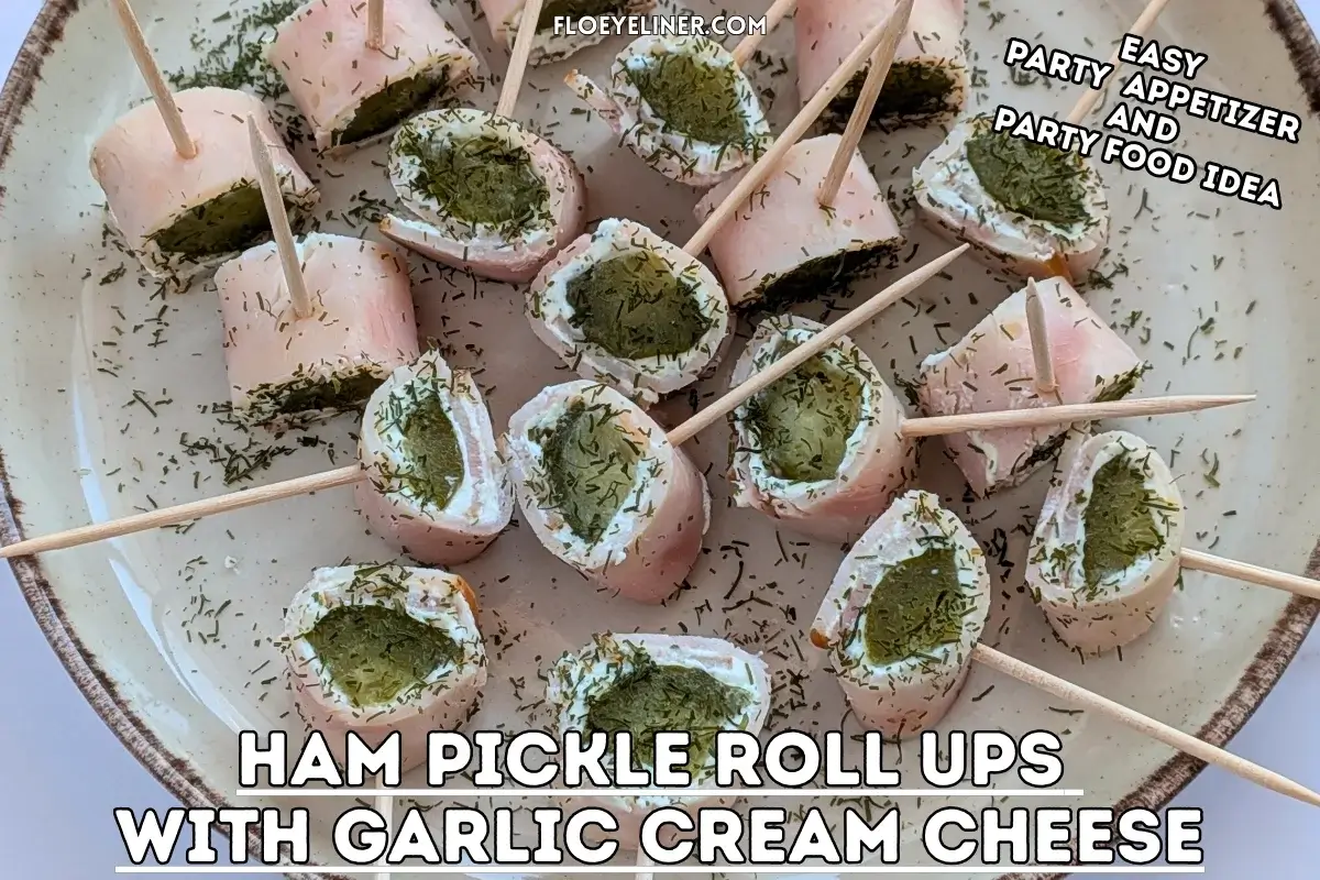 Ham Pickle Roll Ups With Garlic Cream Cheese - mini appetizer bites made with sliced breakfast ham, garlic cream cheese, and dill pickles.