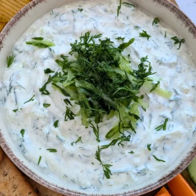 Homemade Tzatziki Sauce - authentic Greek yogurt dip made with grated cucumber, fresh mint, fresh parsley, a bit of olive oil, and freshly pressed garlic.