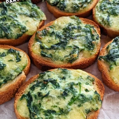 Mozzarella and Spinach Crostini Appetizers - oven baked mini toasts topped with a creamy, cheesy mozzarella, cream cheese, and spinach spread.