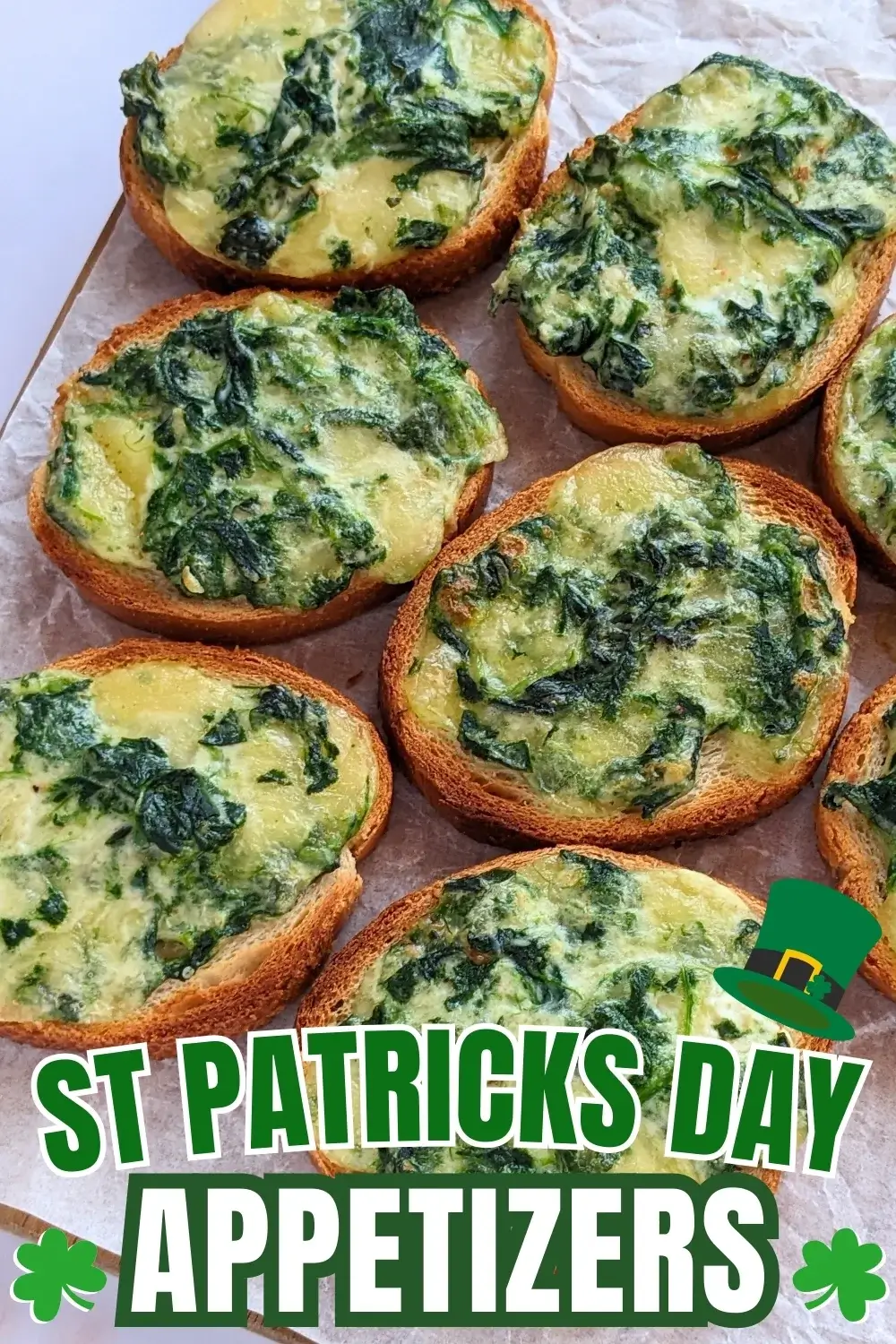 Mozzarella and Spinach Crostini Appetizers - oven baked mini toasts topped with a creamy, cheesy mozzarella, cream cheese, and spinach spread.