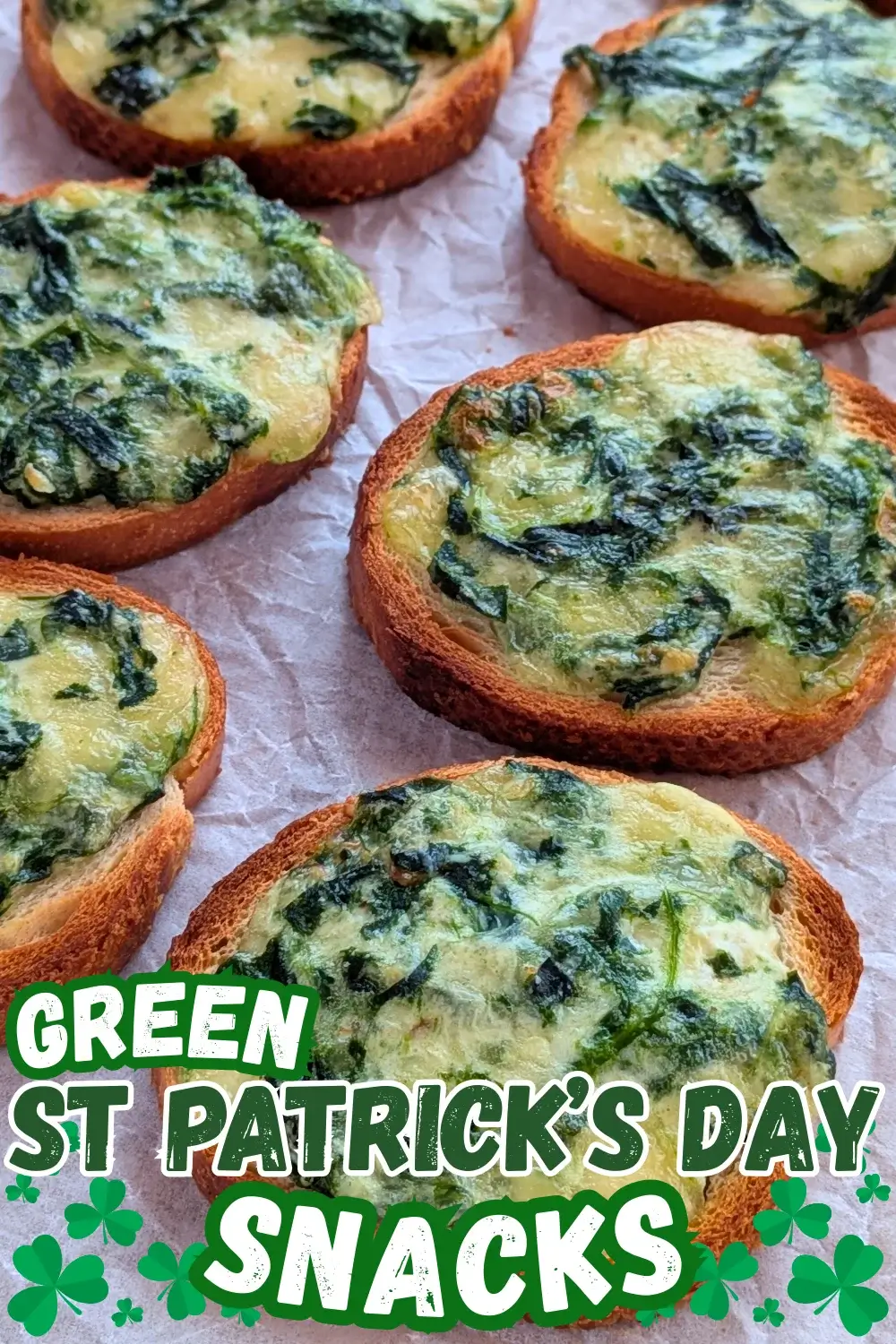 Mozzarella and Spinach Crostini Appetizers - oven baked mini toasts topped with a creamy, cheesy mozzarella, cream cheese, and spinach spread.