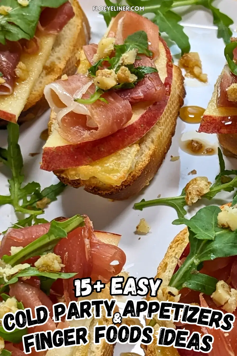 Apple and Brie Crostini Appetizers - Crostini appetizers with apple, Brie cheese, and serrano ham topped with arugula, crushed walnuts and maple syrup.