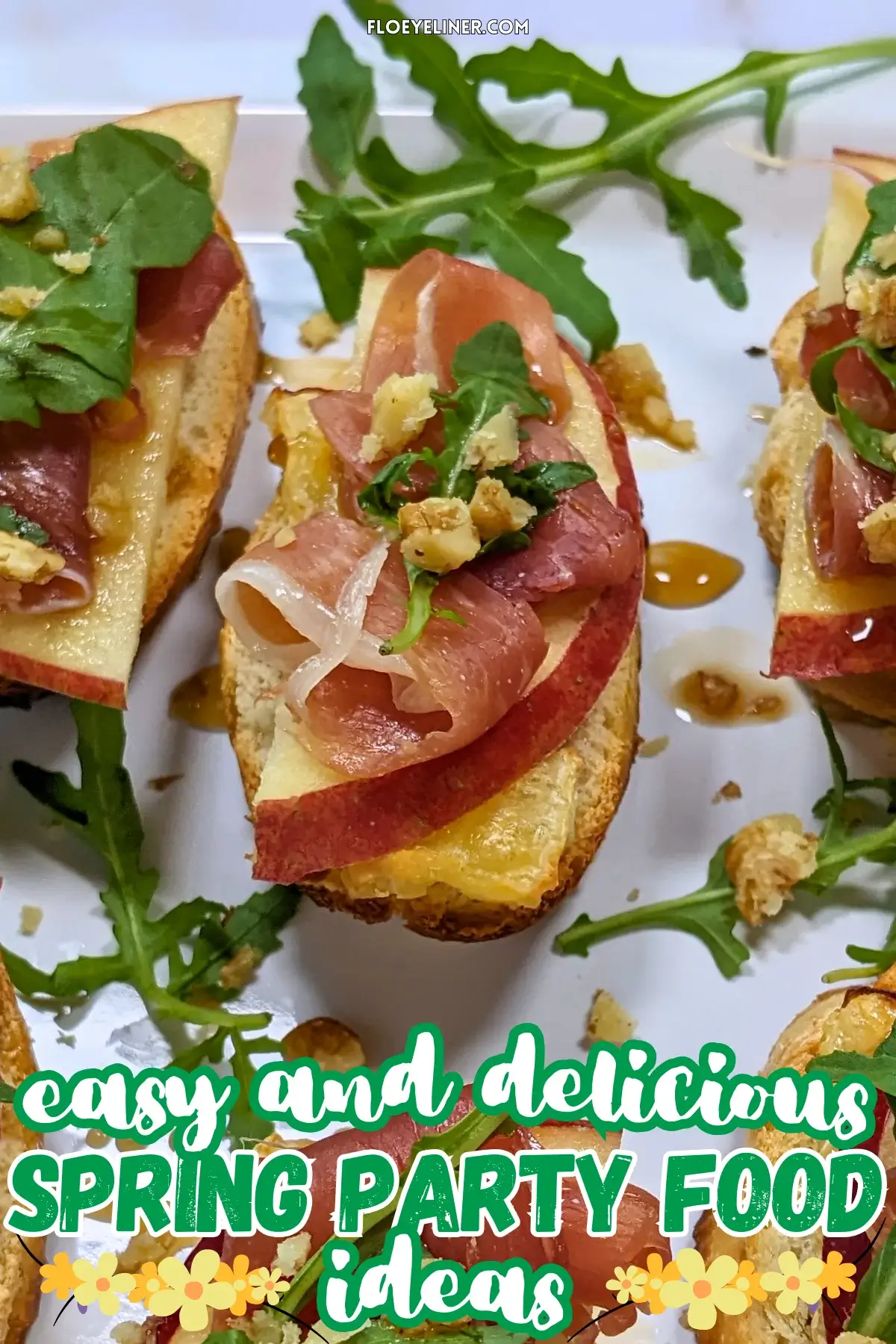 Apple and Brie Crostini Appetizers - Crostini appetizers with apple, Brie cheese, and serrano ham topped with arugula, crushed walnuts and maple syrup.