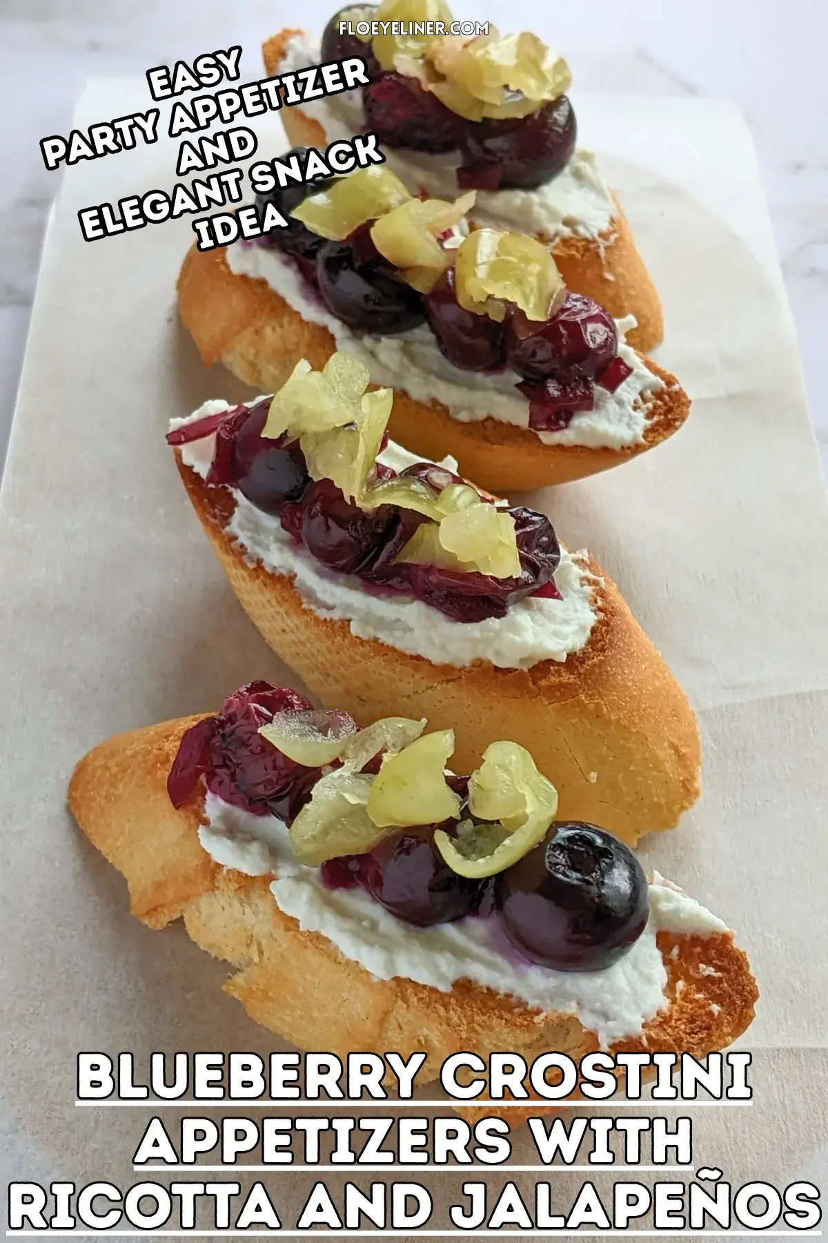 Blueberry Crostini Appetizers With Ricotta and Jalapeños - blueberry bruschetta appetizers made with toasted baguette slices, topped with creamy ricotta cheese, balsamic-stewed blueberries, and sliced jalapeños.