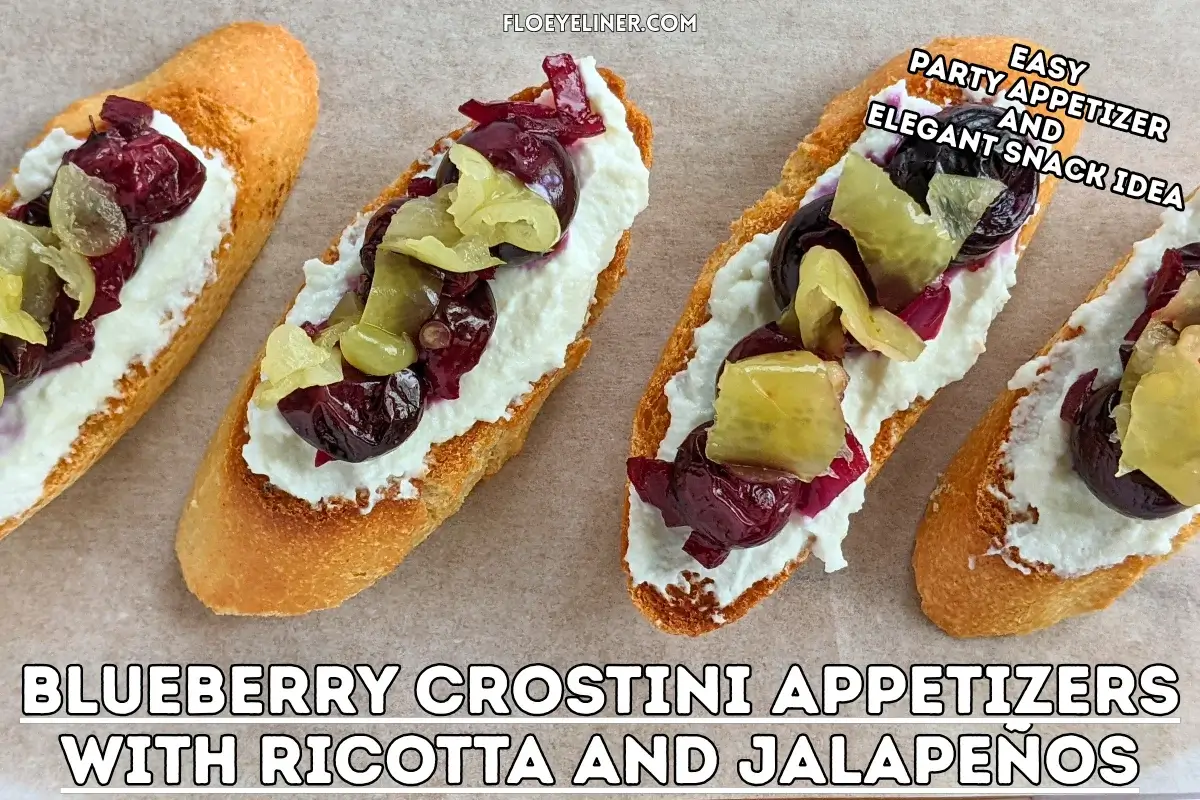 Blueberry Crostini Appetizers With Ricotta and Jalapeños - blueberry bruschetta appetizers made with toasted baguette slices, topped with creamy ricotta cheese, balsamic-stewed blueberries, and sliced jalapeños.