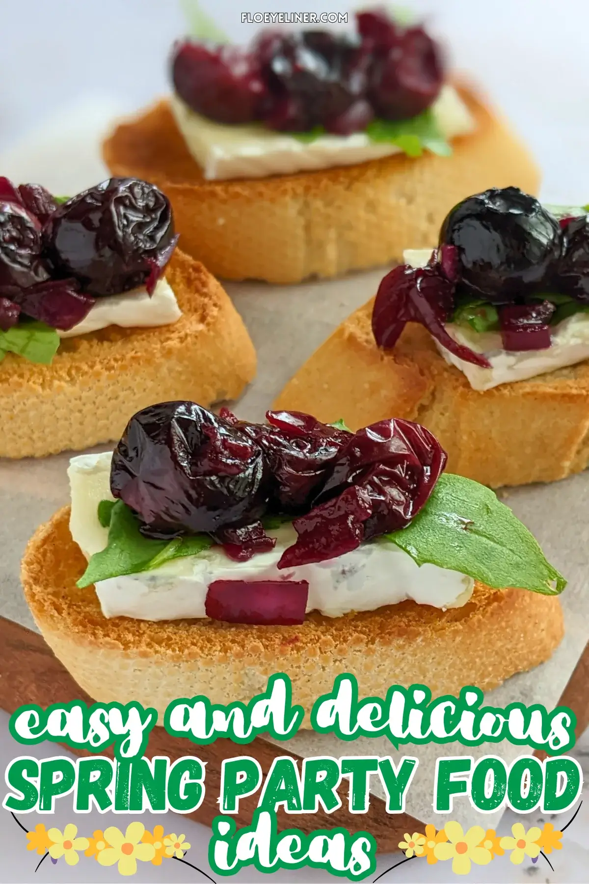 Blueberry Crostini Appetizers With Ricotta and Jalapeños - blueberry bruschetta appetizers made with toasted baguette slices, topped with creamy ricotta cheese, balsamic-stewed blueberries, and sliced jalapeños.