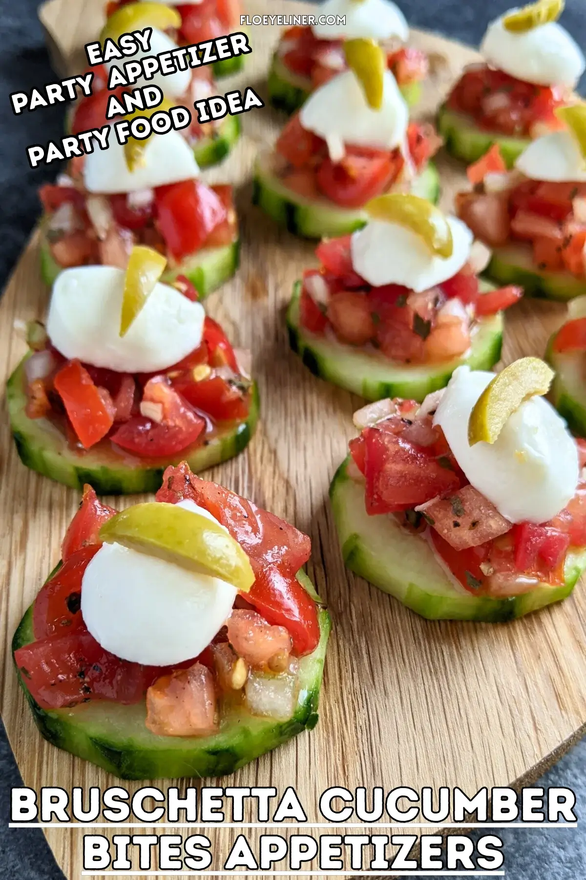 Fresh bruschetta cucumber bites appetizers topped with mozzarella balls and sliced olives, neatly arranged on a serving tray.