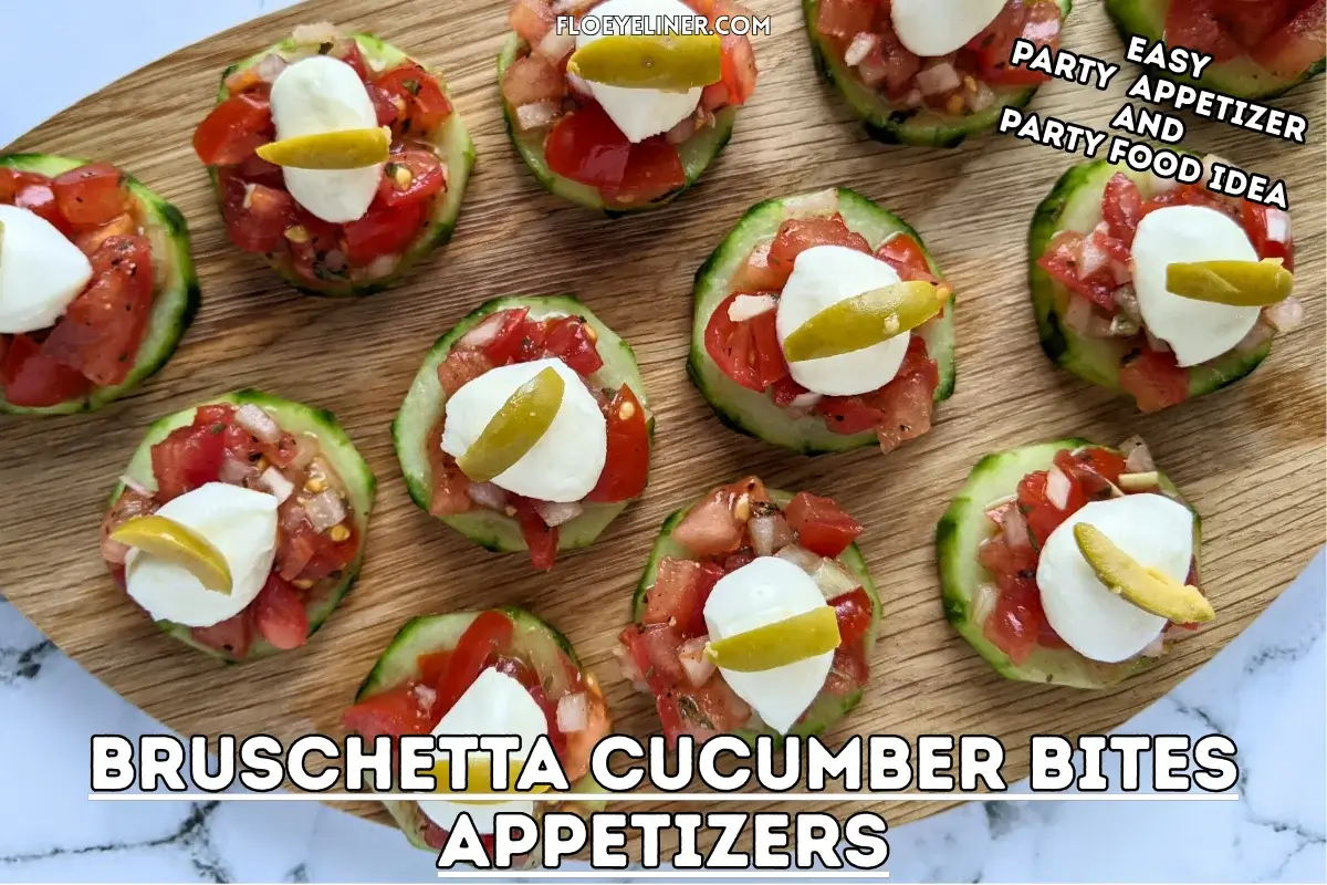 Fresh bruschetta cucumber bites appetizers topped with mozzarella balls and sliced olives, neatly arranged on a serving tray.