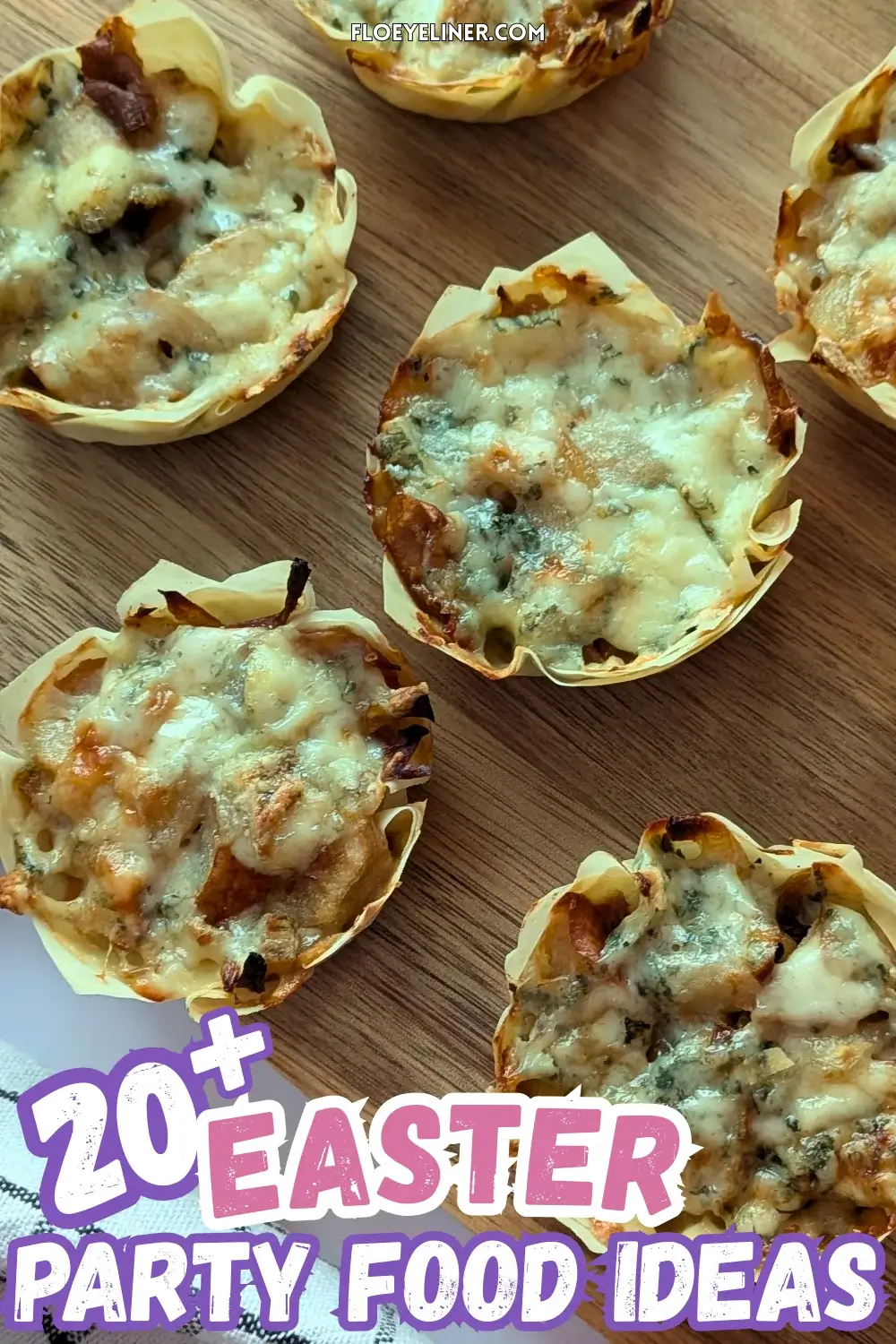 Caramelized Onion Pear and Blue Cheese Phyllo Cups - easy cheesy phyllo cups appetizers filled with slices of prosciutto, caramelized onions, fresh pears, and topped with crumbled blue cheese.