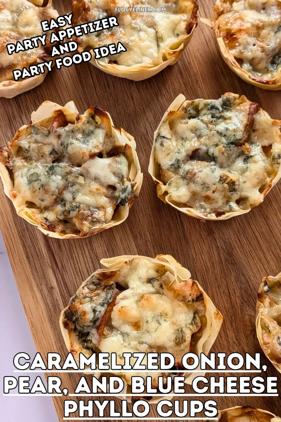 Caramelized Onion Pear and Blue Cheese Phyllo Cups - easy cheesy phyllo cups appetizers filled with slices of prosciutto, caramelized onions, fresh pears, and topped with crumbled blue cheese.