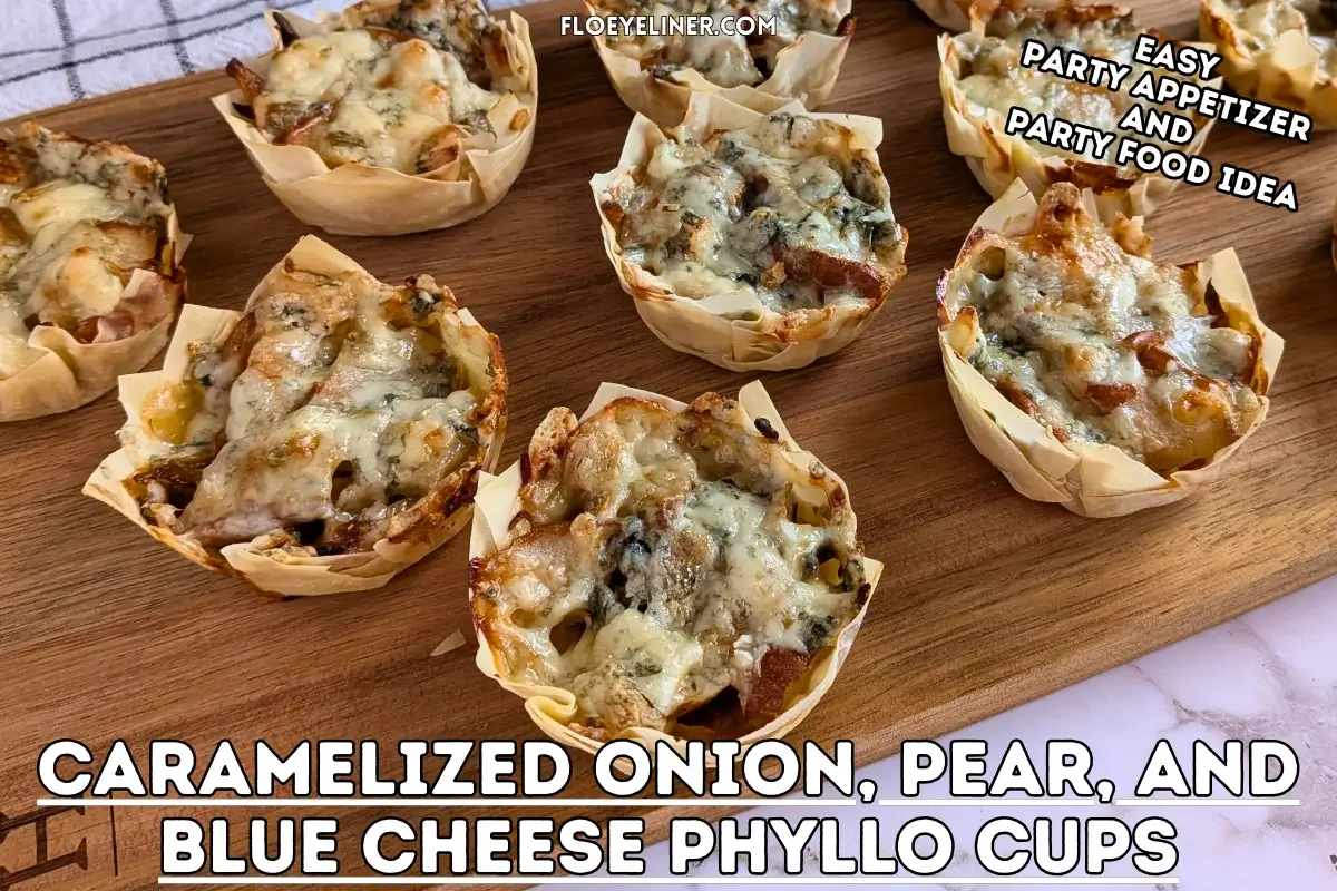 Caramelized Onion Pear and Blue Cheese Phyllo Cups - easy cheesy phyllo cups appetizers filled with slices of prosciutto, caramelized onions, fresh pears, and topped with crumbled blue cheese.