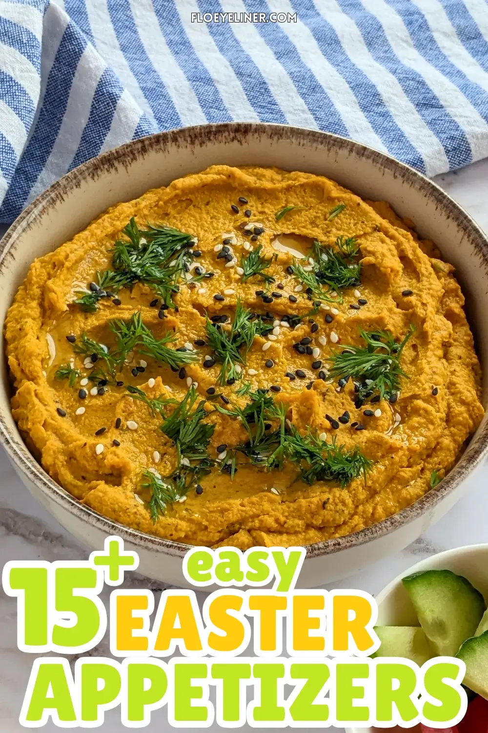 Carrot Hummus (Chickpea Dip With Roasted Carrots) - homemade oil and dried thyme roasted carrot dip made with canned chickpeas, garlic, tahini, and lemon juice, topped with coarsley chopped fresh dill and sesame seeds.