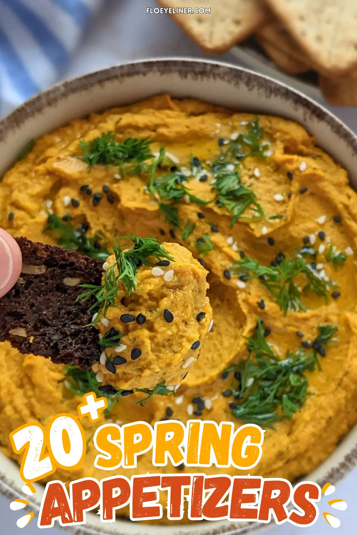 Carrot Hummus (Chickpea Dip With Roasted Carrots) - homemade oil and dried thyme roasted carrot dip made with canned chickpeas, garlic, tahini, and lemon juice, topped with coarsley chopped fresh dill and sesame seeds.