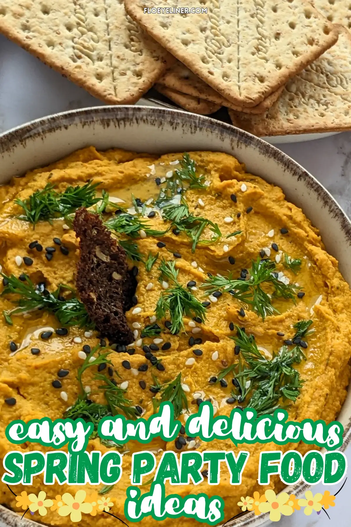 Carrot Hummus (Chickpea Dip With Roasted Carrots) - homemade oil and dried thyme roasted carrot dip made with canned chickpeas, garlic, tahini, and lemon juice, topped with coarsley chopped fresh dill and sesame seeds.