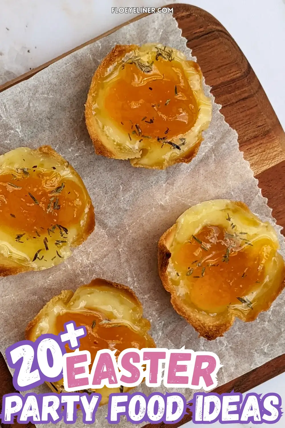 Cheddar cheese and apricot jam appetizer bites - mini bread toast cups filled with cheddar cheese, topped with apricot jam and a honey-dryed thyme drizzle.