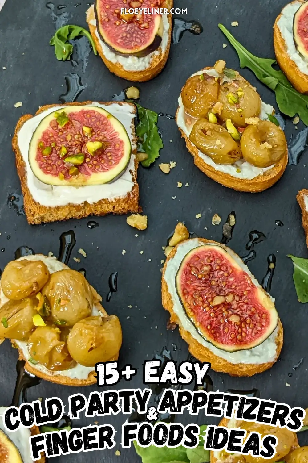 Cheese and Fruits Crostini Appetizers Platter - Italian crostini party food platter with cheese and fruit toppings.