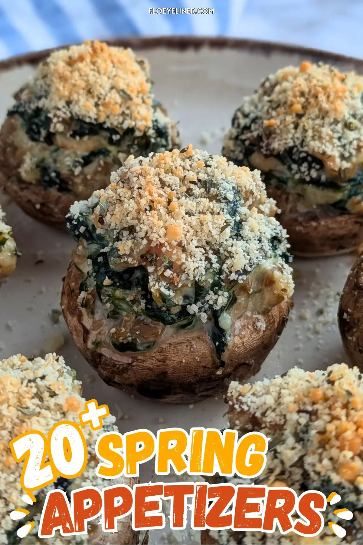 Chicken and Spinach Stuffed Mushrooms - oven-baked white button mushrooms filled with a creamy chicken, spinach, parmesan, and cream cheese filling, topped with dried breadcrumbs.