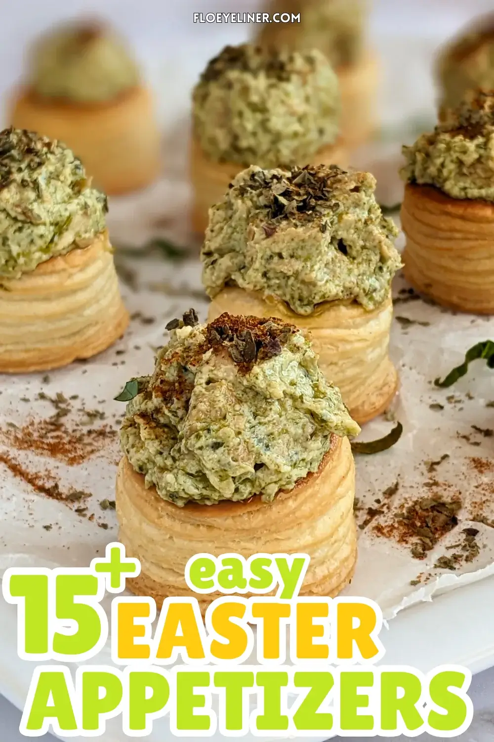 Creamy Chicken Pesto Vol Au Vent Appetizers - mini puff pastry shells appetizers filled with a green, creamy ricotta, basil pesto, and chicken filling.