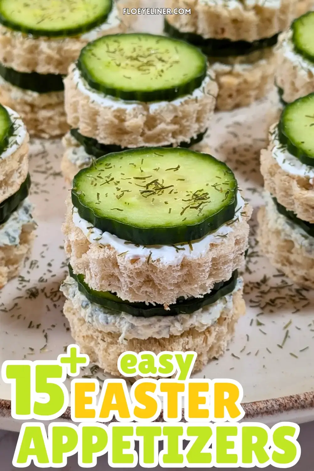 Cucumber Tea Sandwiches With Herb and Garlic Cream Cheese - round double-layered mini sandwiches filled with a homemade herb, garlic,and parmesan cream cheese mix and a layer of fresh cucumbers.