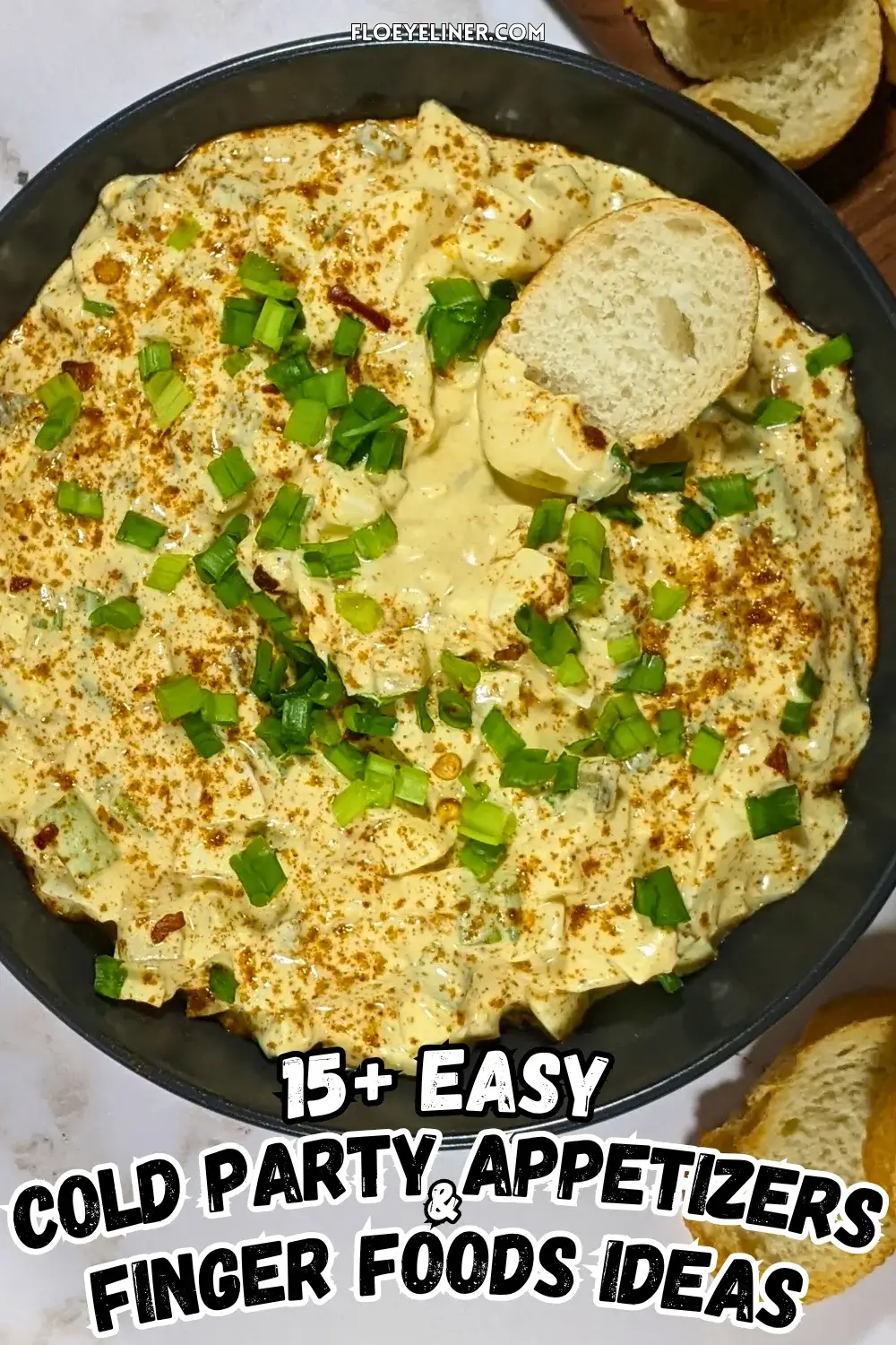 Deviled Egg Dip - party dip made with a creamy blend of mashed hard-boiled eggs, mayonnaise, mustard, seasonings like salt, pepper, and paprika, and topped with chopped green onion, served with pretzels and toasted bread.