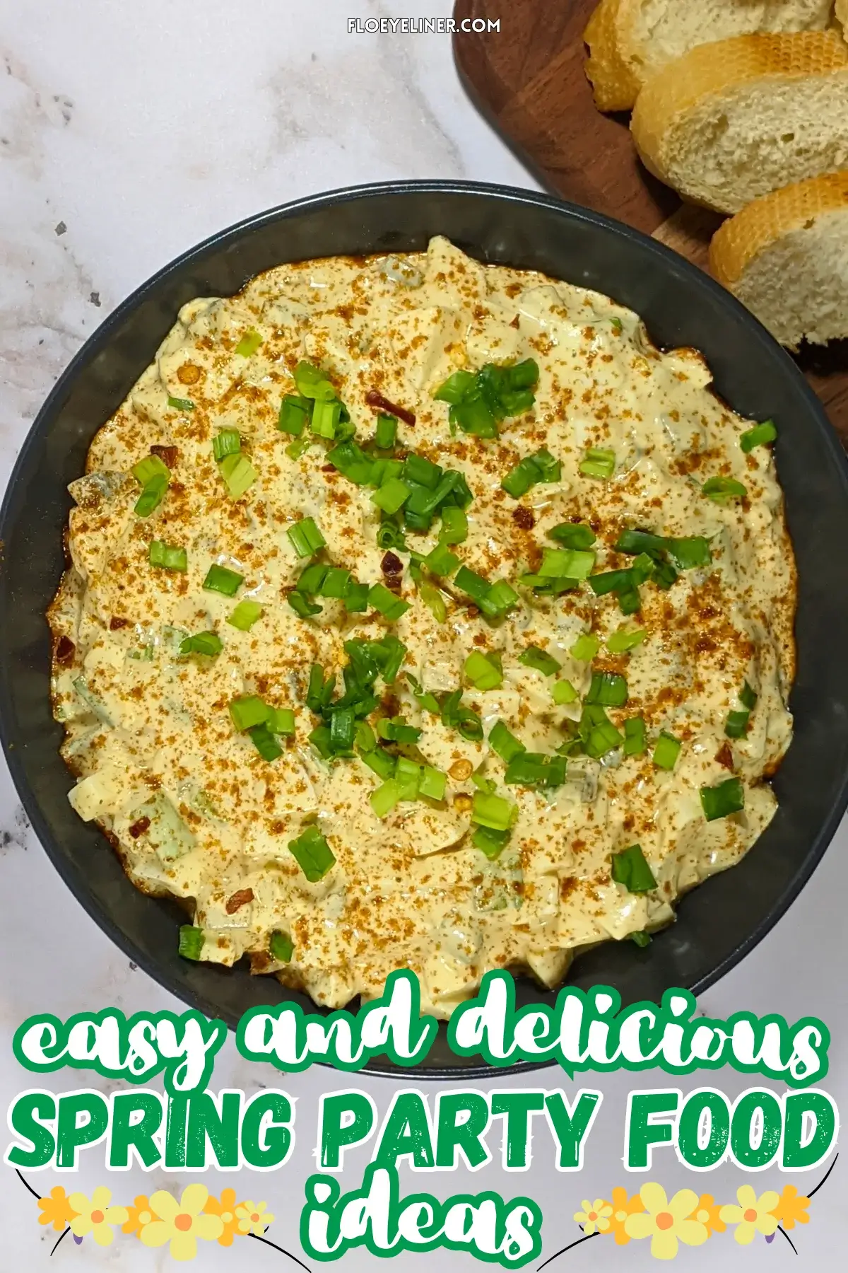 Deviled Egg Dip - party dip made with a creamy blend of mashed hard-boiled eggs, mayonnaise, mustard, seasonings like salt, pepper, and paprika, and topped with chopped green onion, served with pretzels and toasted bread.