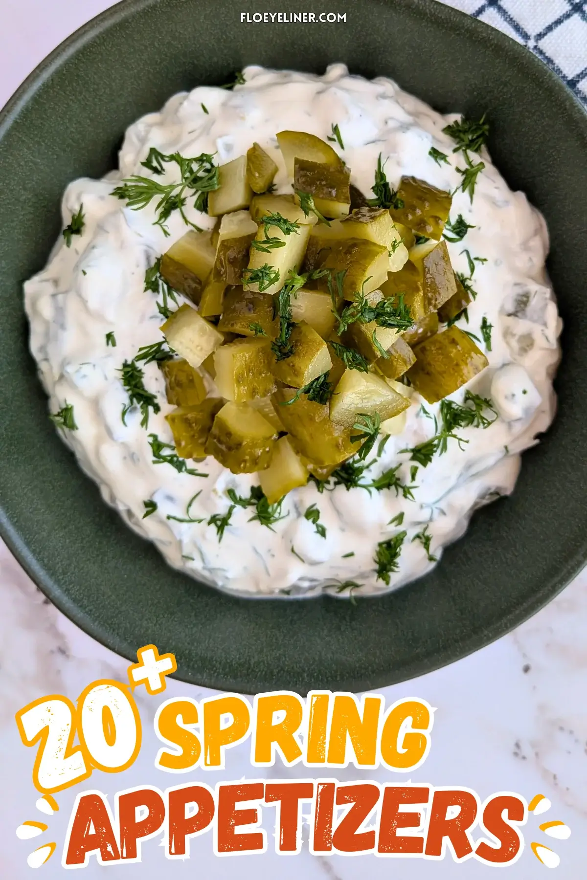 Dill Pickle Dip - creamy party dip made with sour cream, cream cheese, chopped dill pickles, fresh dill, and crushed garlic.