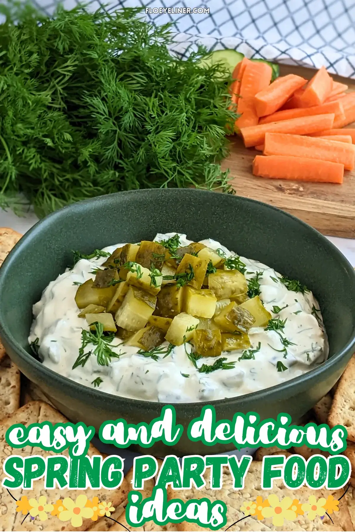 Dill Pickle Dip - creamy party dip made with sour cream, cream cheese, chopped dill pickles, fresh dill, and crushed garlic.