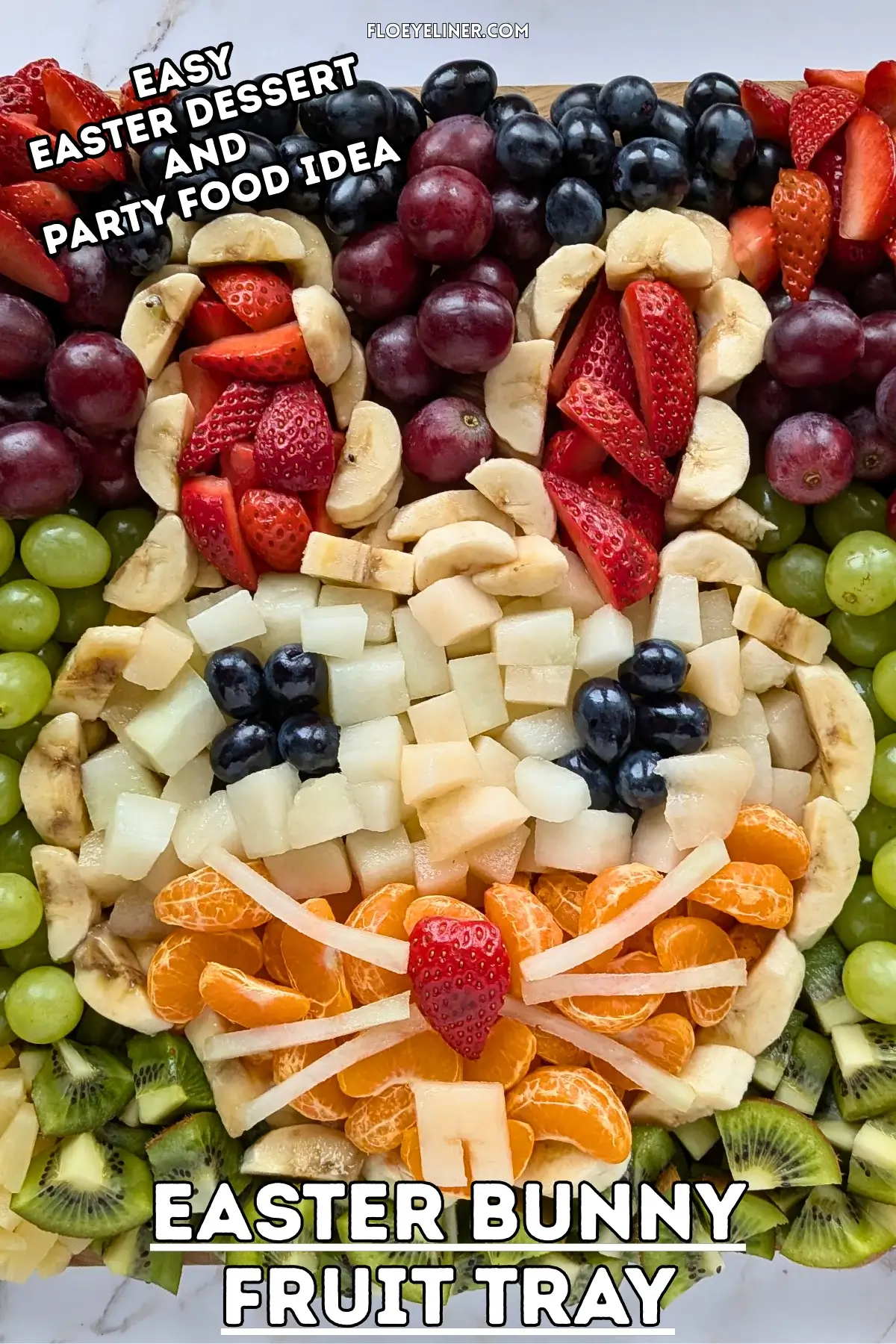 Easter Bunny Fruit Tray - Easter fruit tray in an Easter bunny theme, with the bunny head shaped with banana pieces, filled with sliced strawberries for ears, blue grapes for eyes, and pieces of yellow melon and mandarin segments, surrounded by colorful fruits like dark red, blue, and green grapes; canned pineapple pieces; kiwi pieces; and sliced srawberries.