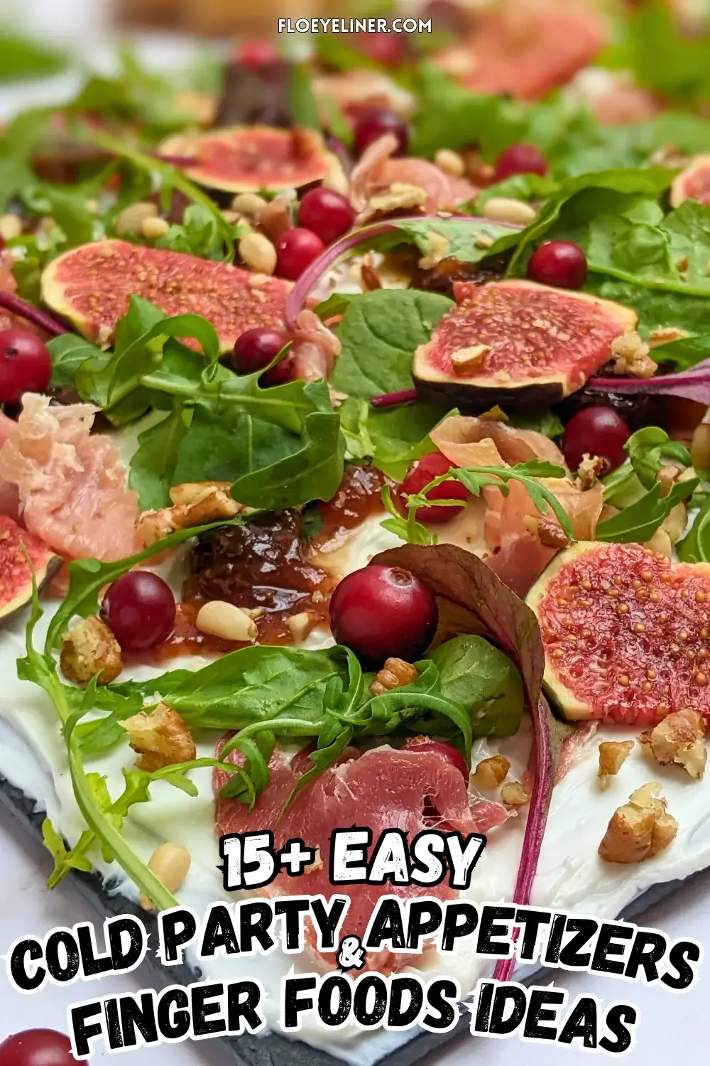 Fig and Goat Cheese Appetizer "Butter" Board With Prosciutto - appetizer board with fresh figs, fig jam, prosciutto, and crunchy toppings sprinkled over a whipped goat cheese spread on a party platter.