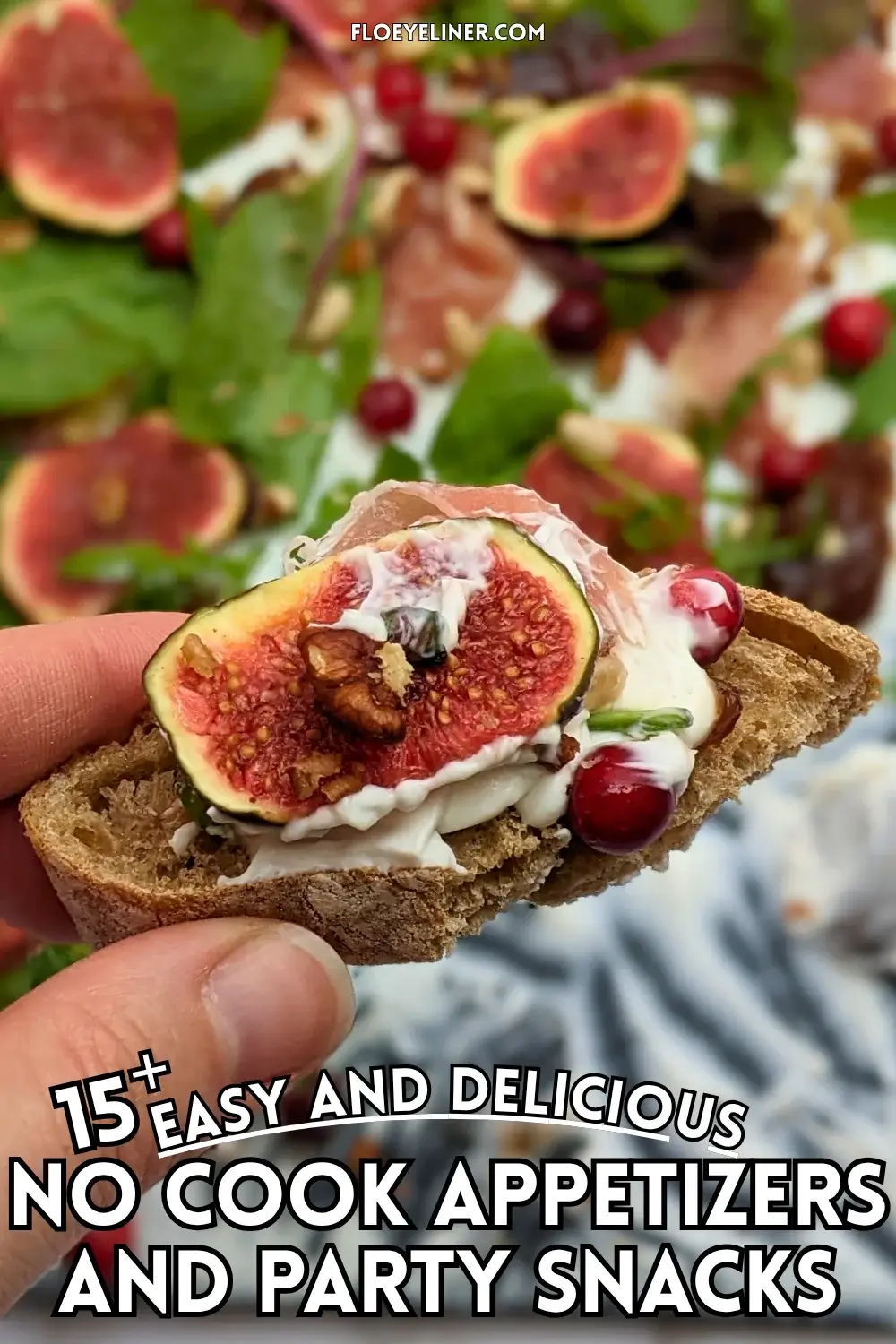 Fig and Goat Cheese Appetizer "Butter" Board With Prosciutto - appetizer board with fresh figs, fig jam, prosciutto, and crunchy toppings sprinkled over a whipped goat cheese spread on a party platter.