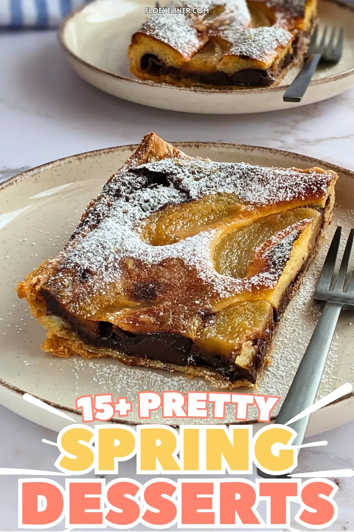 French Chocolate Tart With Pears - easy sweet dessert tart made with puff pastry, buttery melted dark chocolate, and topped with canned pears, sprinkled with powdered sugar for garnish.
