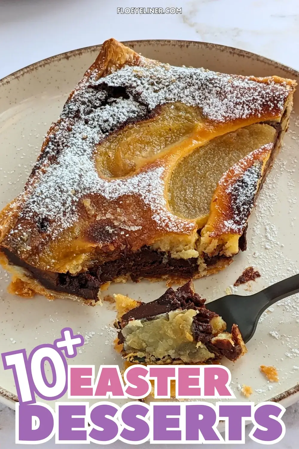 French Chocolate Tart With Poached Pears - easy sweet dessert tart made with puff pastry, buttery melted dark chocolate, and topped with poached pears, sprinkled with powdered sugar for garnish.