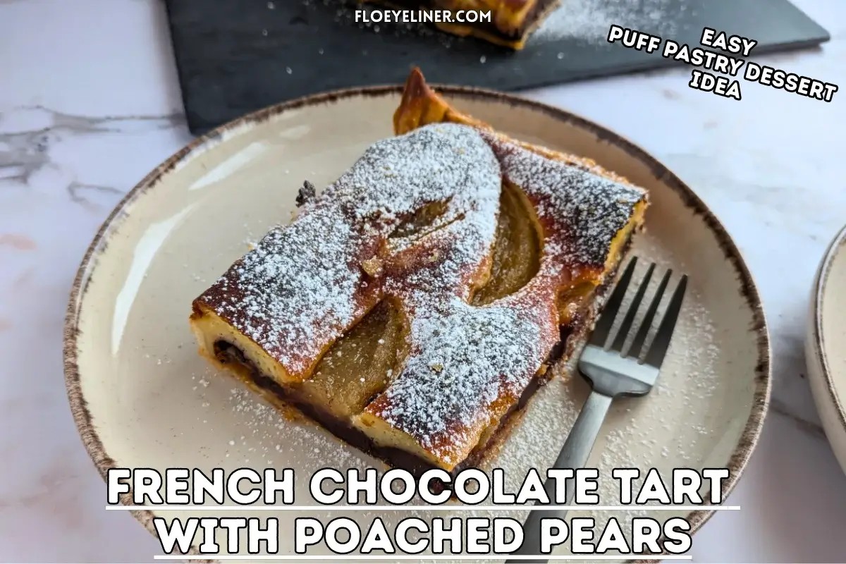 French Chocolate Tart With Pears - easy sweet dessert tart made with puff pastry, buttery melted dark chocolate, and topped with canned pears, sprinkled with powdered sugar for garnish.